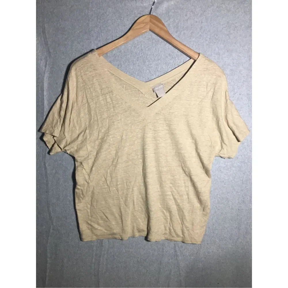 Womens Chicos V Neck Blouse Tan Linen Lagenlook Neutral Closet Staple